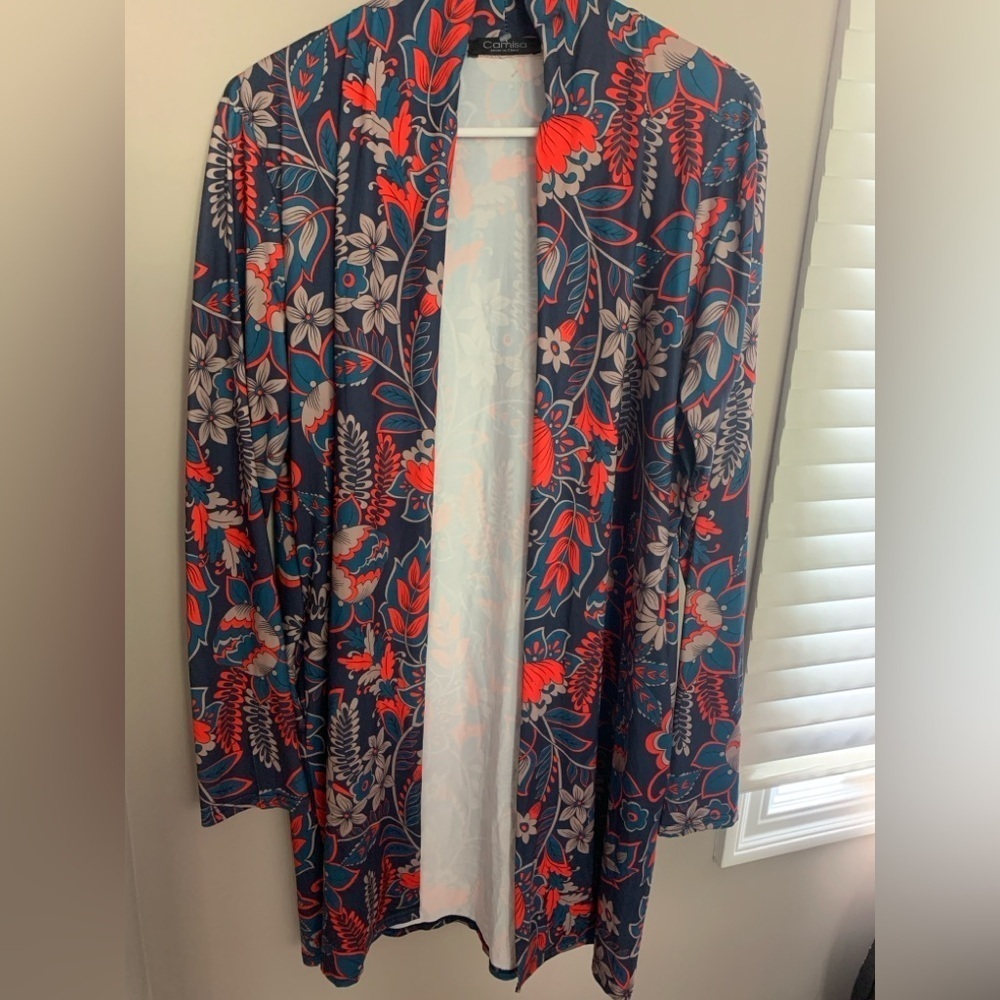 Camisa Floral Boho Kimono Cardigan Large Flowy Open Front w Pockets, Preloved
